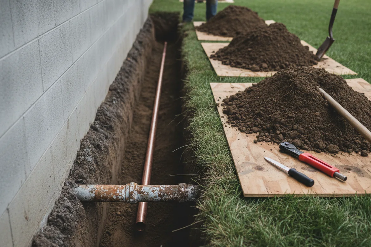 Excavated water line trench during Water Heater Repair in Alachua